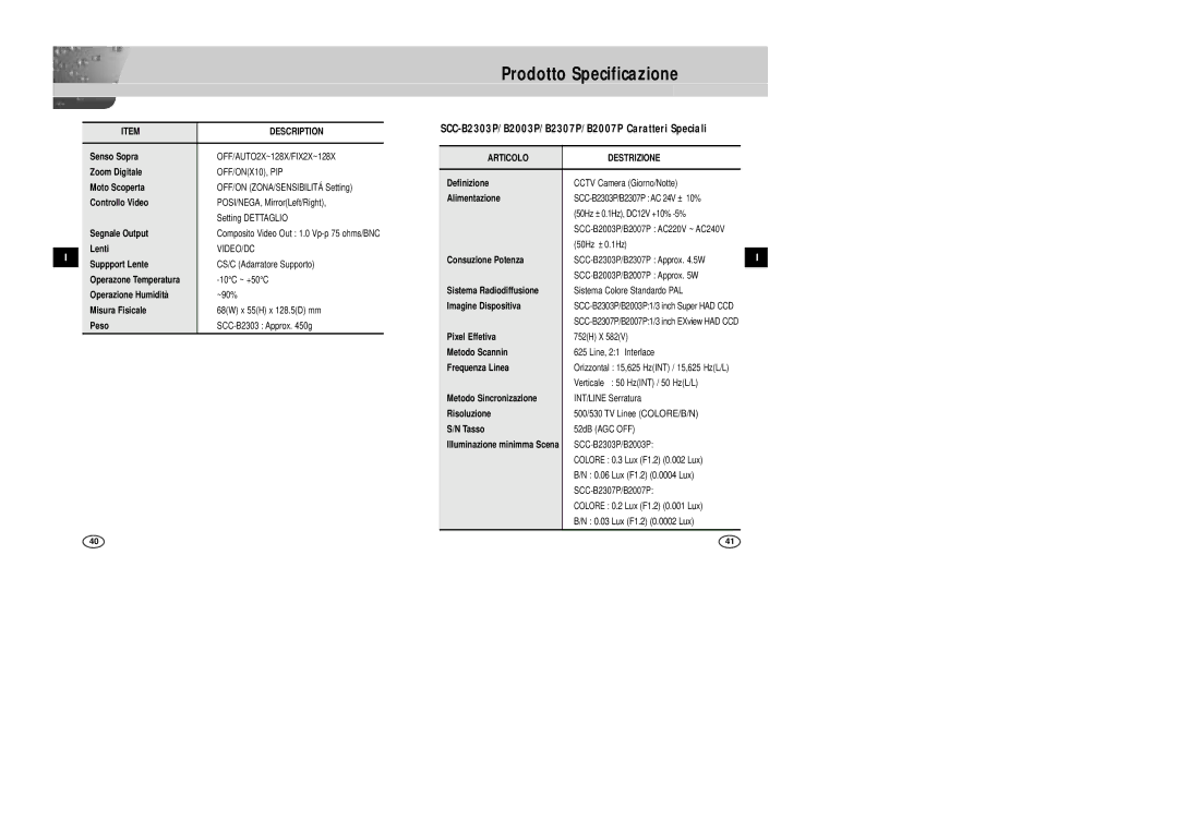 Samsung SCC-B2007P manual Colore 0.3 Lux F1.2 0.002 Lux 0.06 Lux F1.2 0.0004 Lux, Articolo 