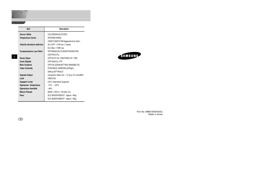 Samsung SCC-B2007P manual Part No AB68-00424A02 Made in Korea 