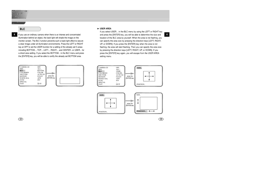 Samsung SCC-B2007P manual Blc, ❿ User Area, Size, Position 