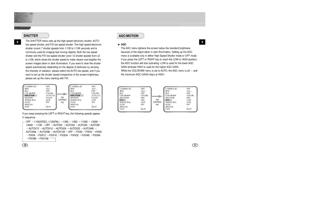 Samsung SCC-B2007P manual Shutter, Agc/Motion, ❿ AGC 