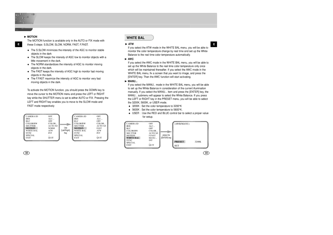 Samsung SCC-B2007P manual White BAL, ❿ Motion, ❿ ATW, ❿ AWC, ❿ Manu 