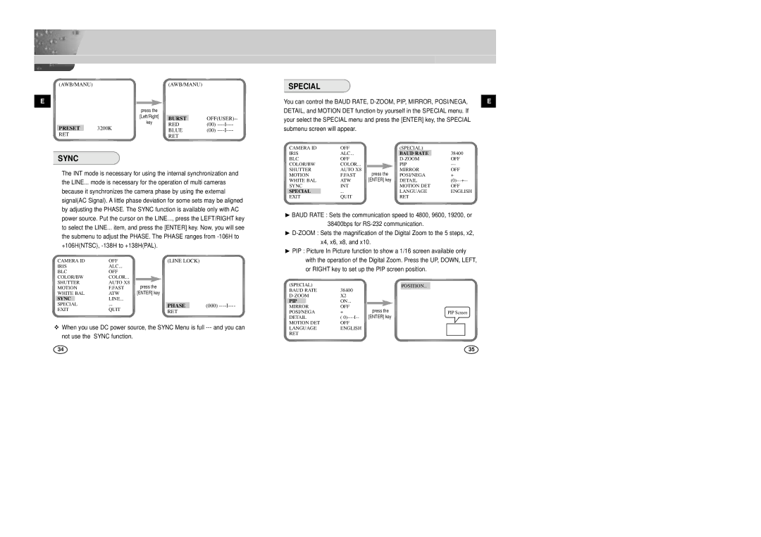 Samsung SCC-B2007P manual Special, Not use Sync function, Submenu screen will appear 