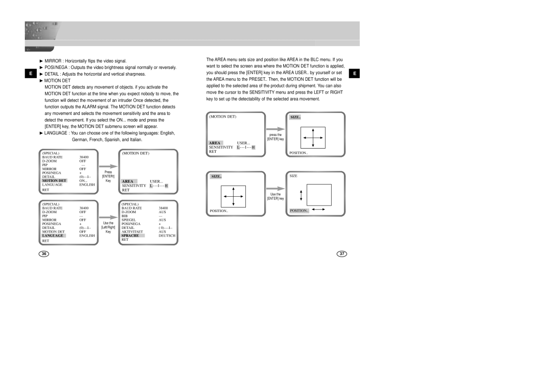 Samsung SCC-B2007P ❿ Mirror Horizontally flips the video signal, ❿ Detail Adjusts the horizontal and vertical sharpness 