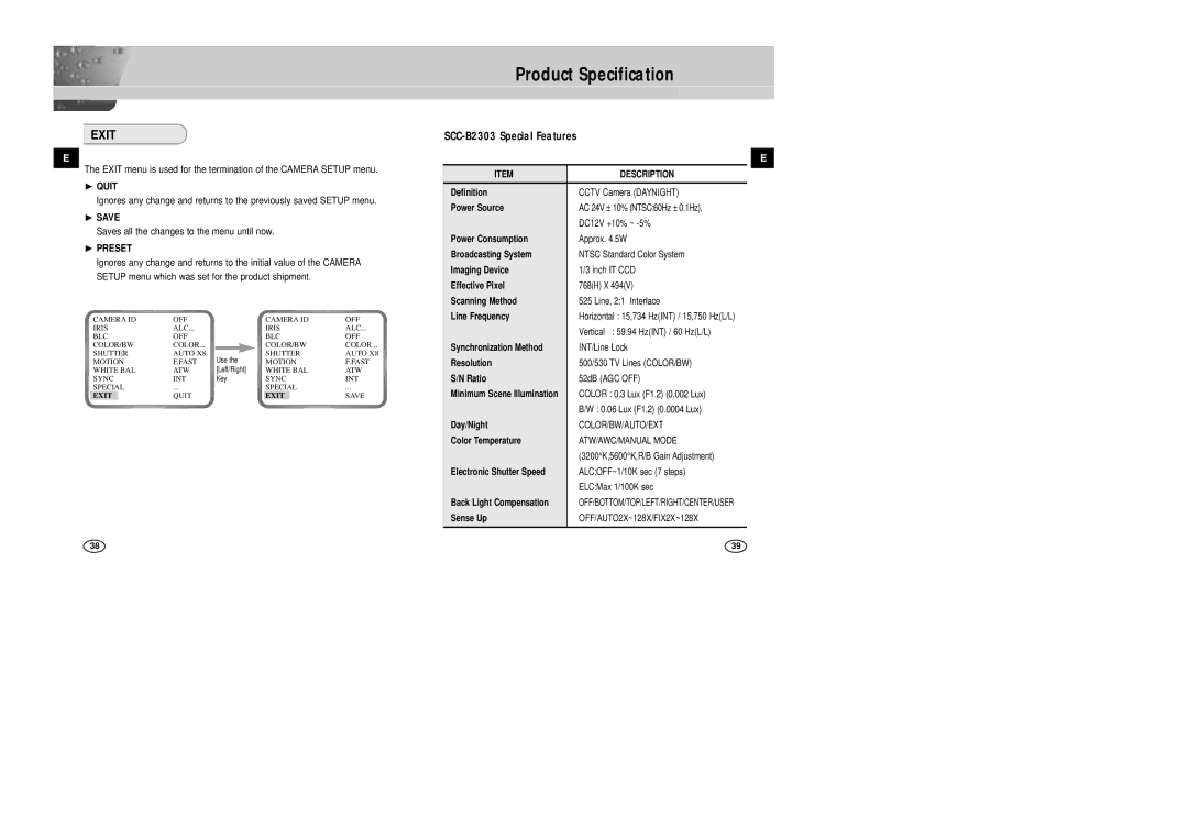 Samsung SCC-B2007P manual Product Specification, Exit, ❿ Quit, ❿ Save, ❿ Preset 