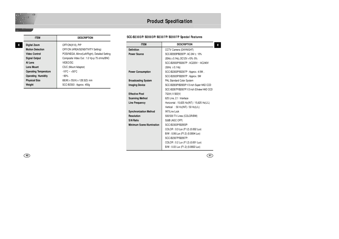 Samsung SCC-B2007P manual SCC-B2303P/B2003P/B2307P/B2007P Special Features, F1.2 0.001 Lux 