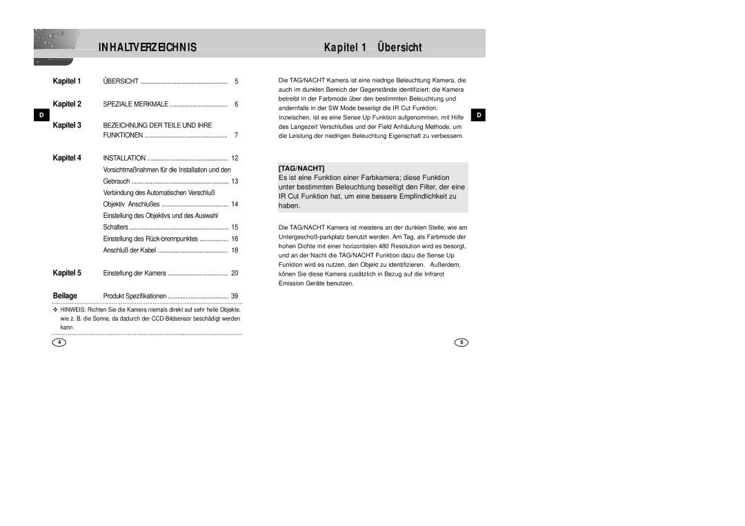 Samsung SCC-B2007P manual Kapitel 1 Übersicht, Beilage, Tag/Nacht, Bezeichnung DER Teile UND Ihre 