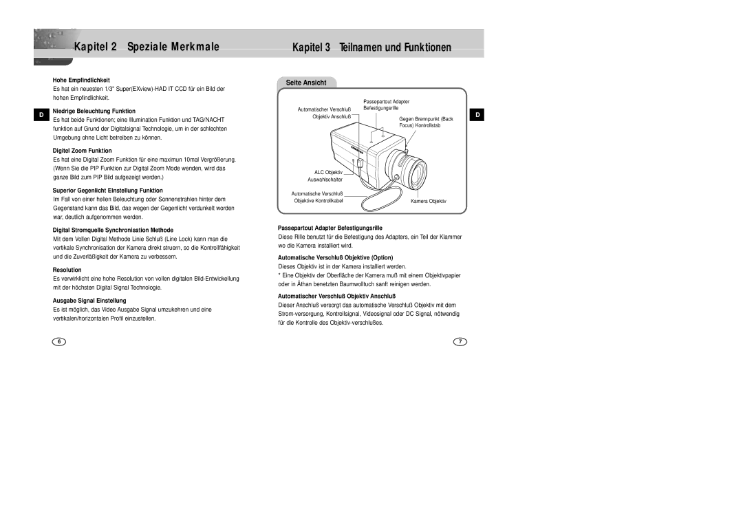 Samsung SCC-B2007P manual Kapitel 2 Speziale Merkmale 