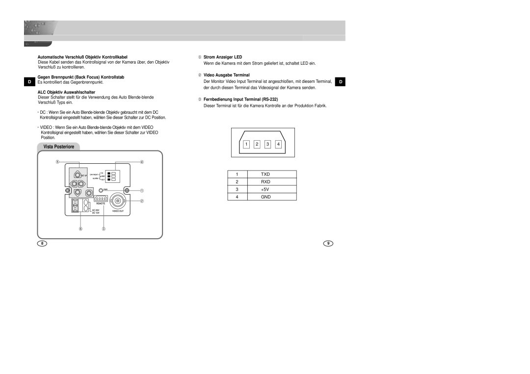 Samsung SCC-B2007P manual ALC Objektiv Auswahlschalter, ① Strom Anzeiger LED, ➁ Video Ausgabe Terminal 