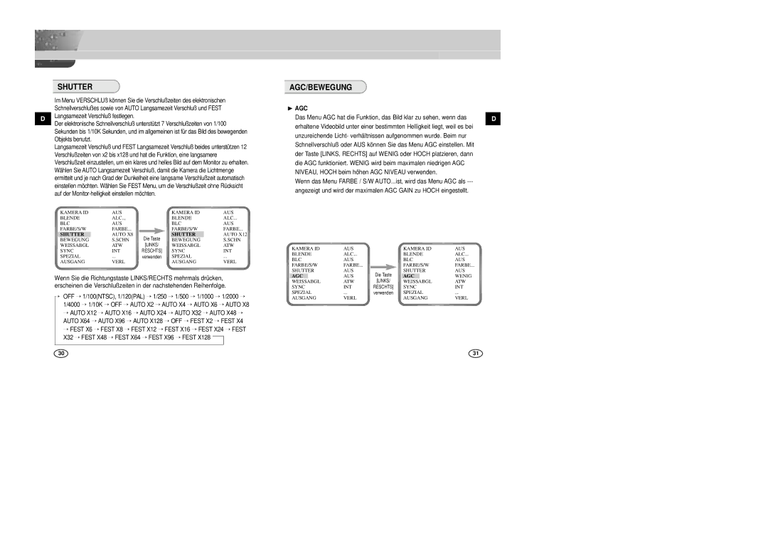 Samsung SCC-B2007P manual Agc/Bewegung, Auto 