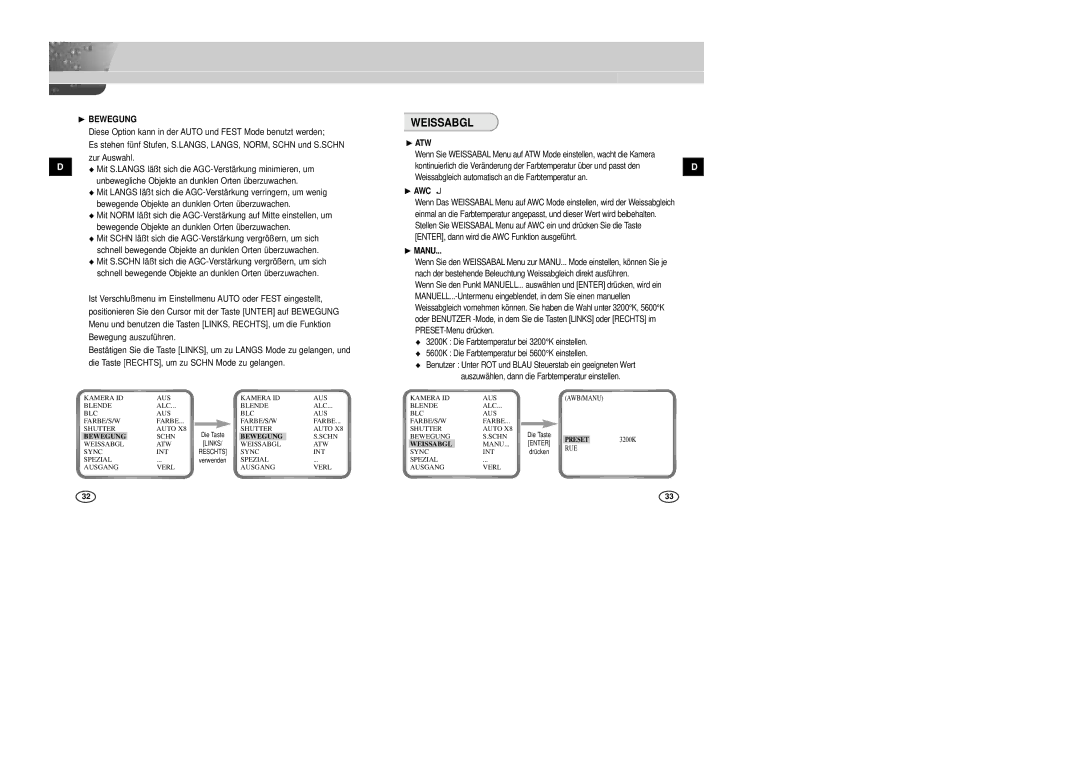 Samsung SCC-B2007P manual Weissabgl, ❿ Bewegung, ❿ ATW 