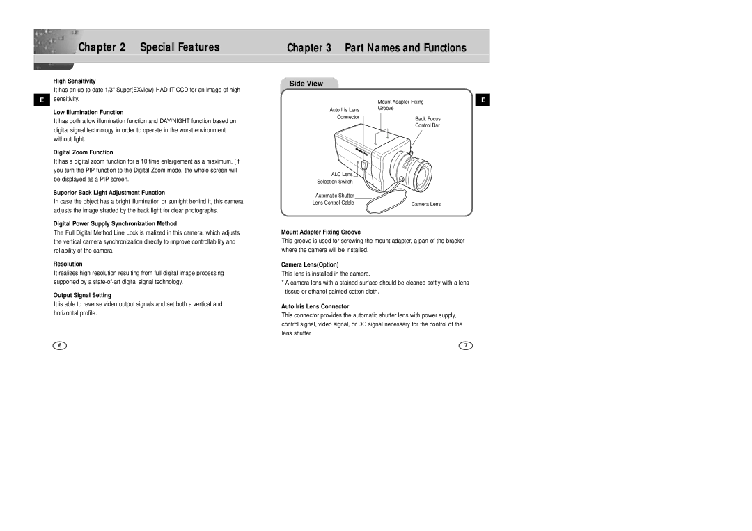 Samsung SCC-B2007P manual Special Features Part Names and Functions, Side View 