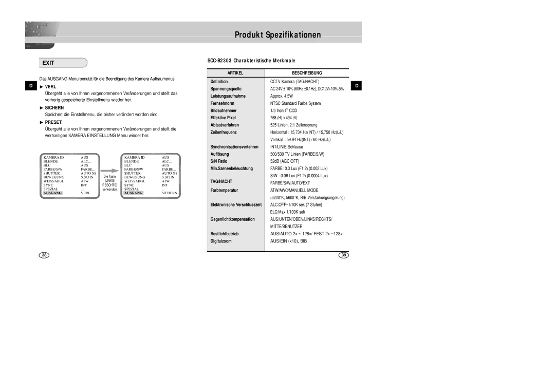 Samsung SCC-B2007P manual Produkt Spezifikationen, ❿ Verl, ❿ Sichern, AUS/AUTO 2x ~ 128x/ Fest 2x ~128x, AUS/EIN x10, BIB 