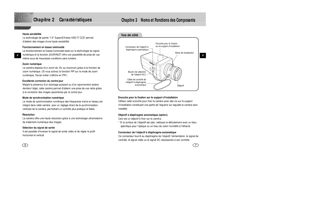 Samsung SCC-B2007P manual Chapitre 2 Caractéristiques, Vue de côté 