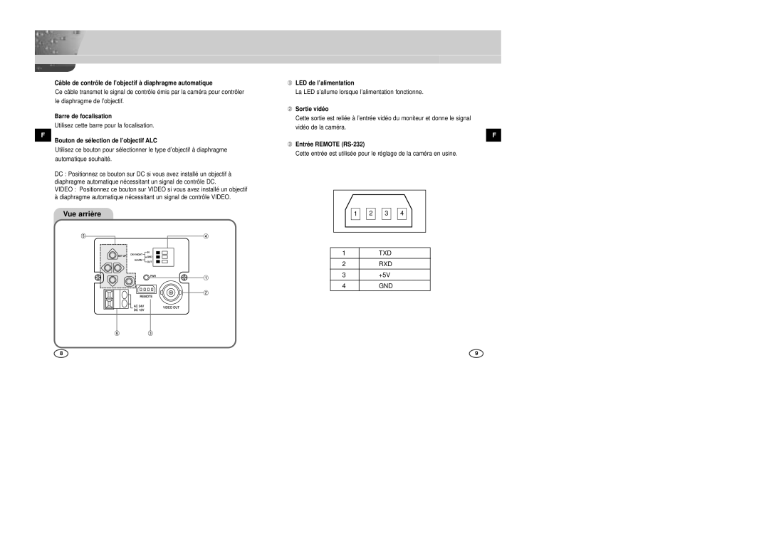 Samsung SCC-B2007P manual Vue arrière 