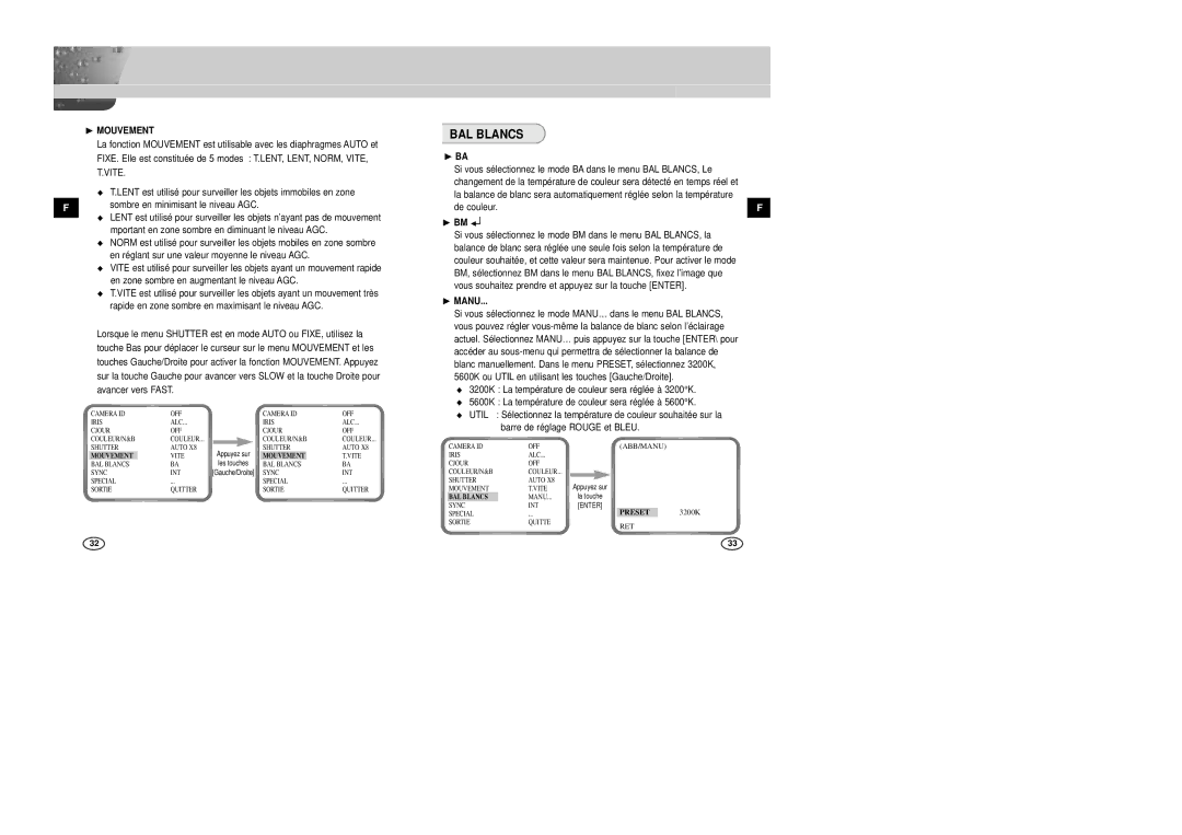 Samsung SCC-B2007P manual BAL Blancs, ❿ Mouvement, ❿ BA, Abb/Manu, Preset 