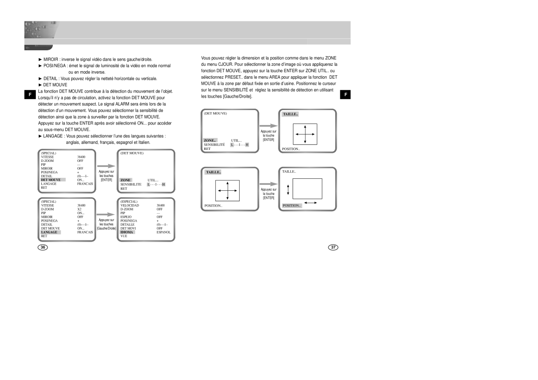 Samsung SCC-B2007P manual ❿DET Mouve, Réglez la sensibilité de détection en utilisant, Zone, Idioma 