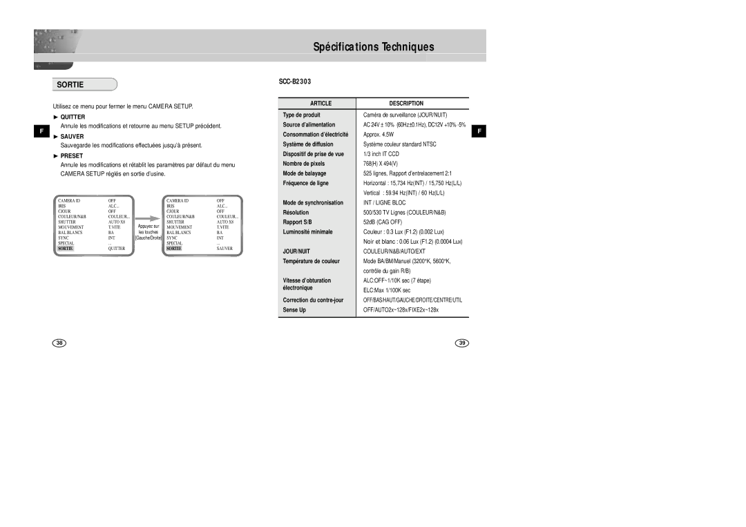 Samsung SCC-B2007P manual Spécifications Techniques, Sortie, ❿ Quitter, ❿ Sauver 