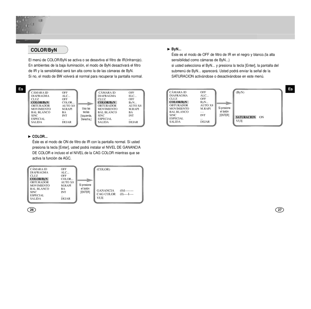 Samsung SCC-B2007P manual COLOR/ByN, ❿ ByN, Ganancia, CAG Color, Saturacion 