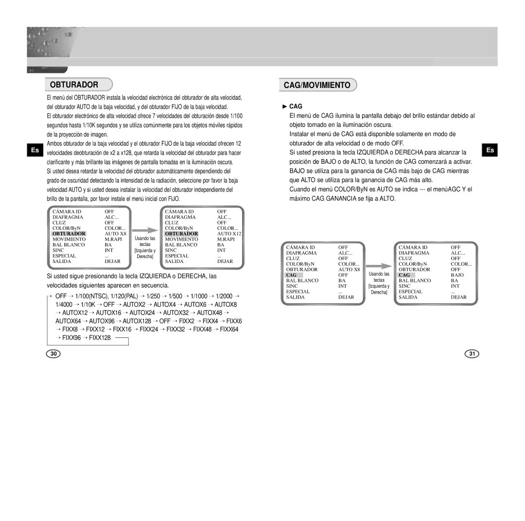 Samsung SCC-B2007P manual Obturador, Cag/Movimiento, → AUTOX6 