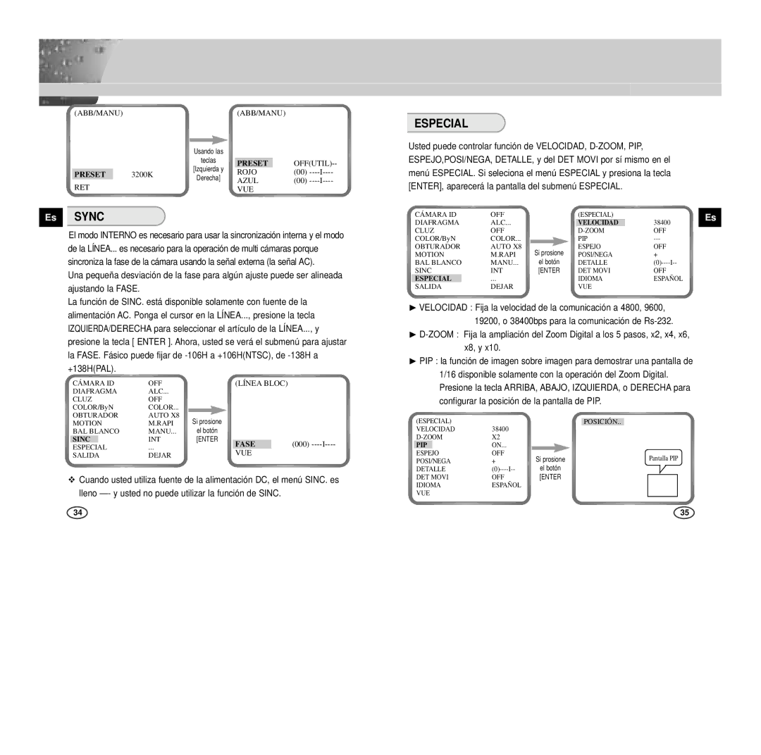 Samsung SCC-B2007P manual Es Sync, Especial, Rojo, Azul RET VUE, Línea Bloc 