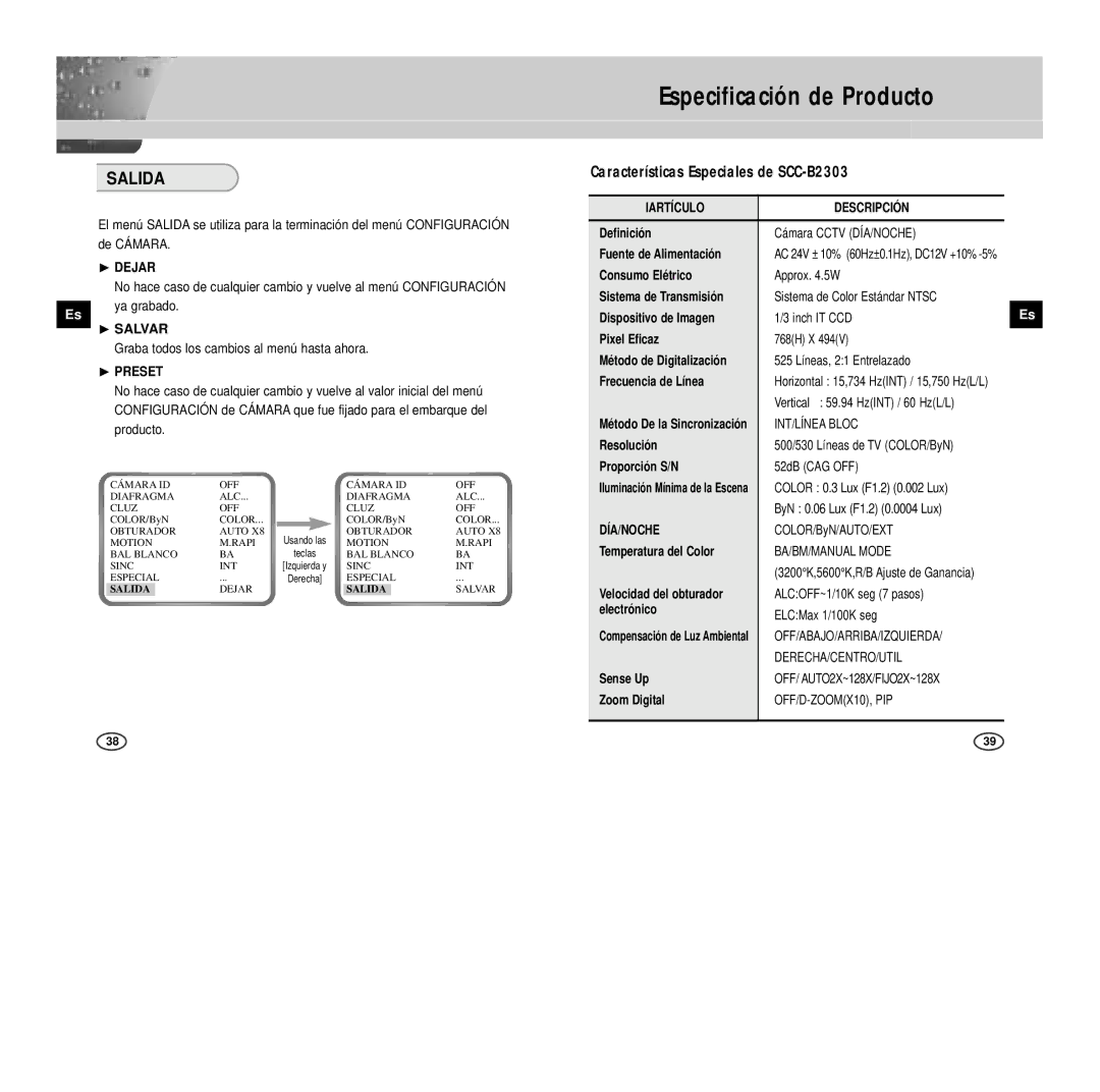 Samsung SCC-B2007P manual Especificación de Producto, Salida, ❿ Dejar, Graba todos los cambios al menú hasta ahora 