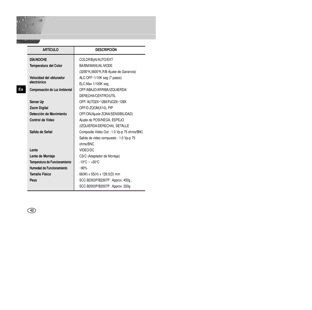 Samsung SCC-B2007P manual Artículo Descripción DÍA/NOCHE 