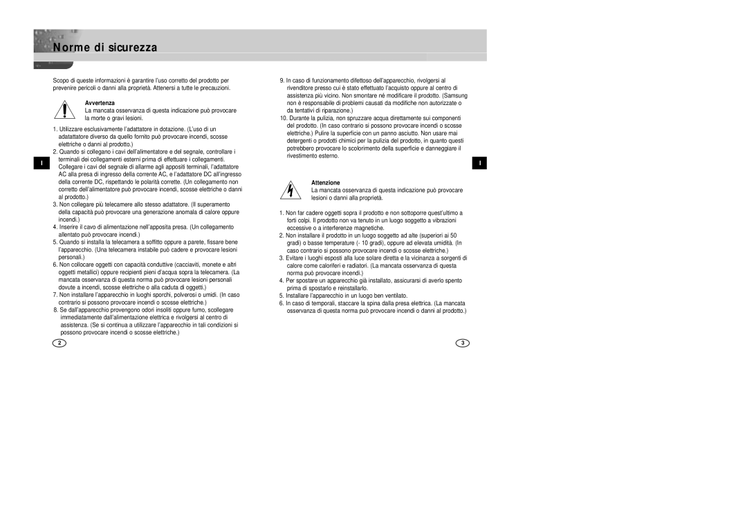 Samsung SCC-B2007P manual Avvertenza, Attenzione 