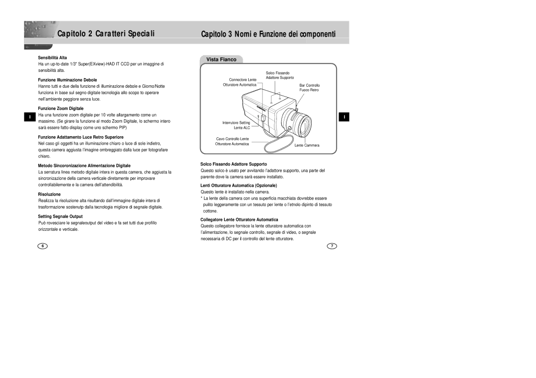 Samsung SCC-B2007P manual Capitolo 2 Caratteri Speciali, Vista Fianco 