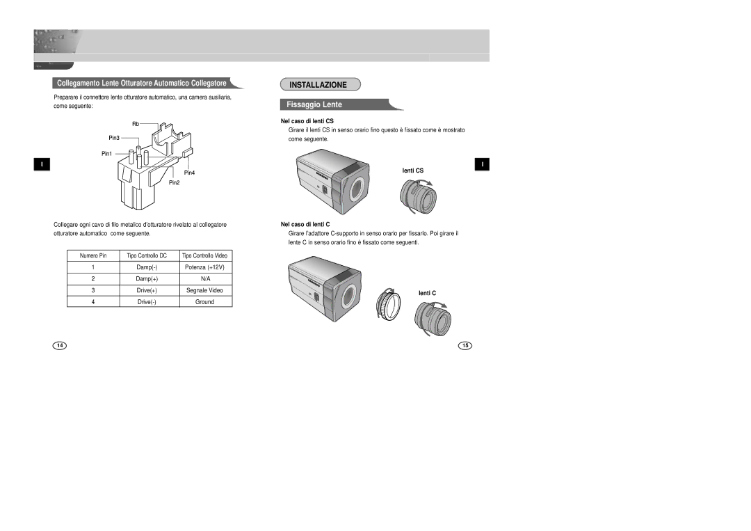 Samsung SCC-B2007P manual Installazione, Fissaggio Lente, Collegamento Lente Otturatore Automatico Collegatore 