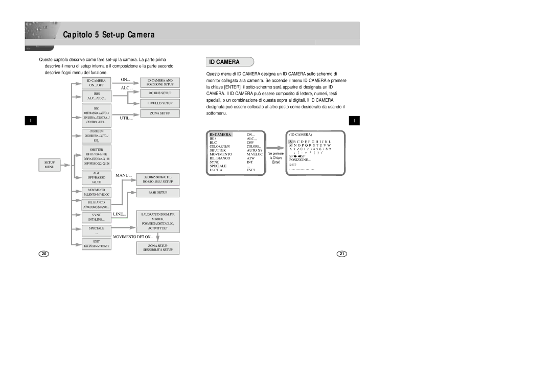 Samsung SCC-B2007P manual Capitolo 5 Set-up Camera, ID Camera, Movimento DET on 