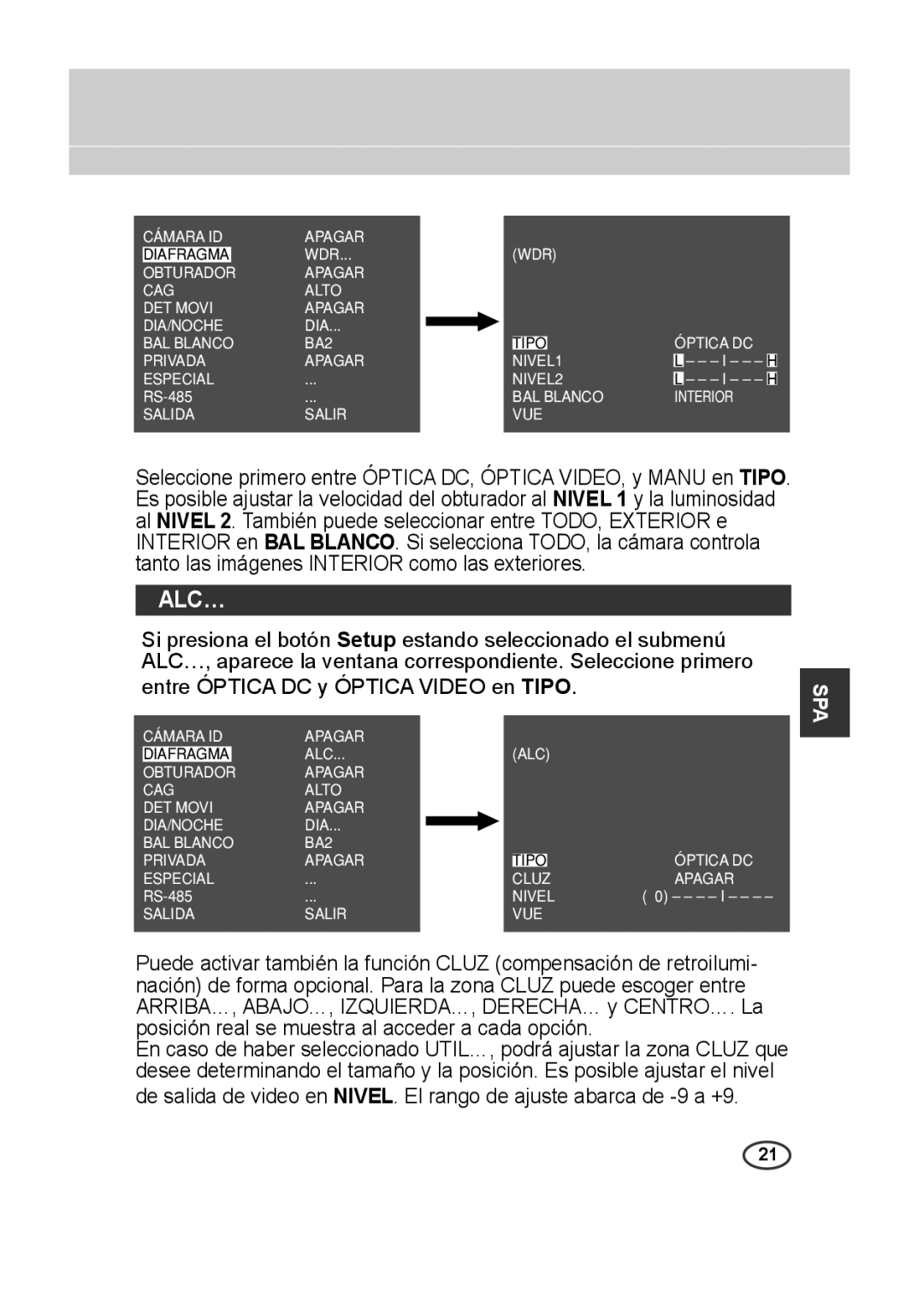 Samsung SCC-B2315P, SCC-B2015P manual Alc…, Posición real se muestra al acceder a cada opción 