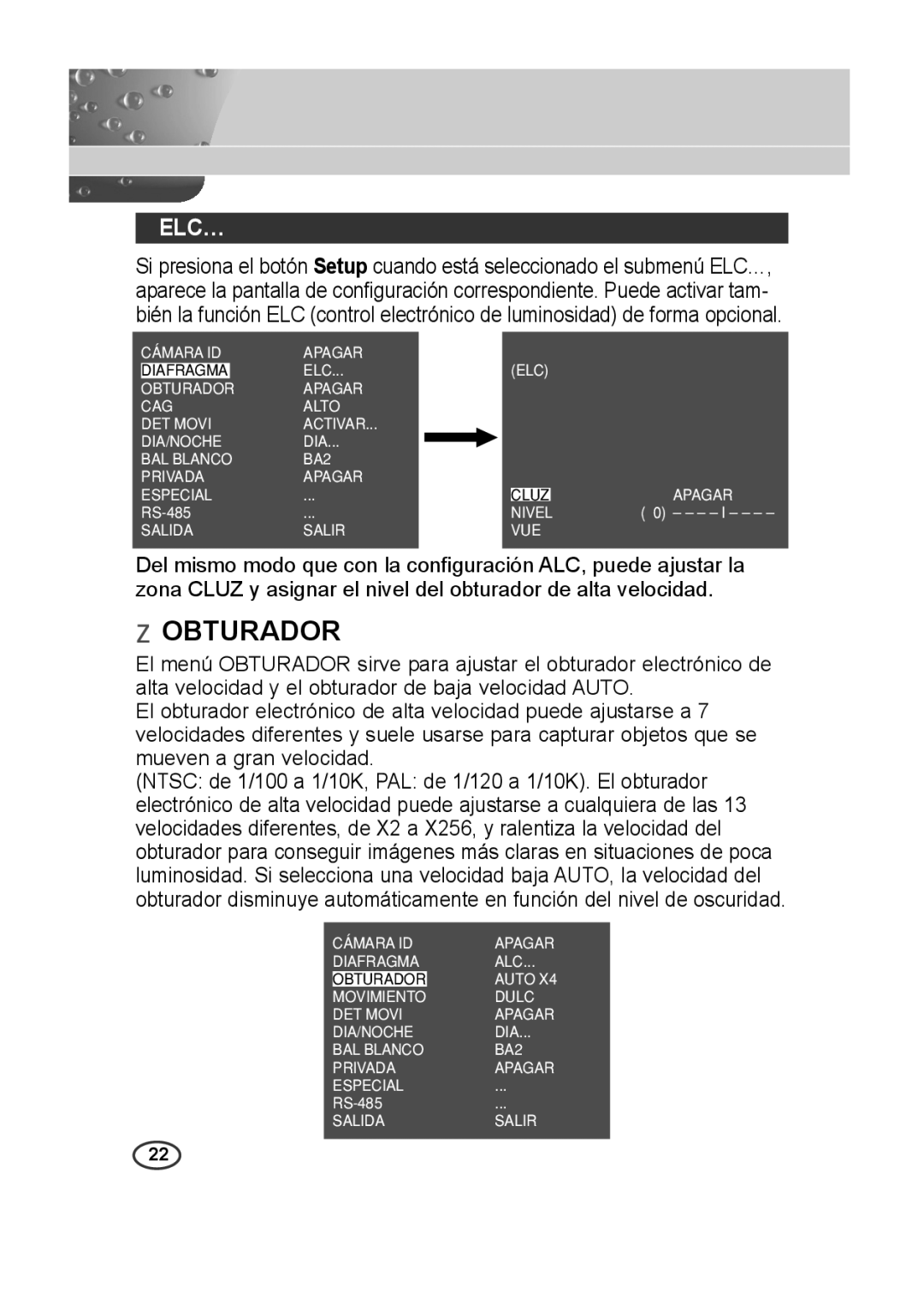 Samsung SCC-B2015P, SCC-B2315P manual Obturador, Elc… 