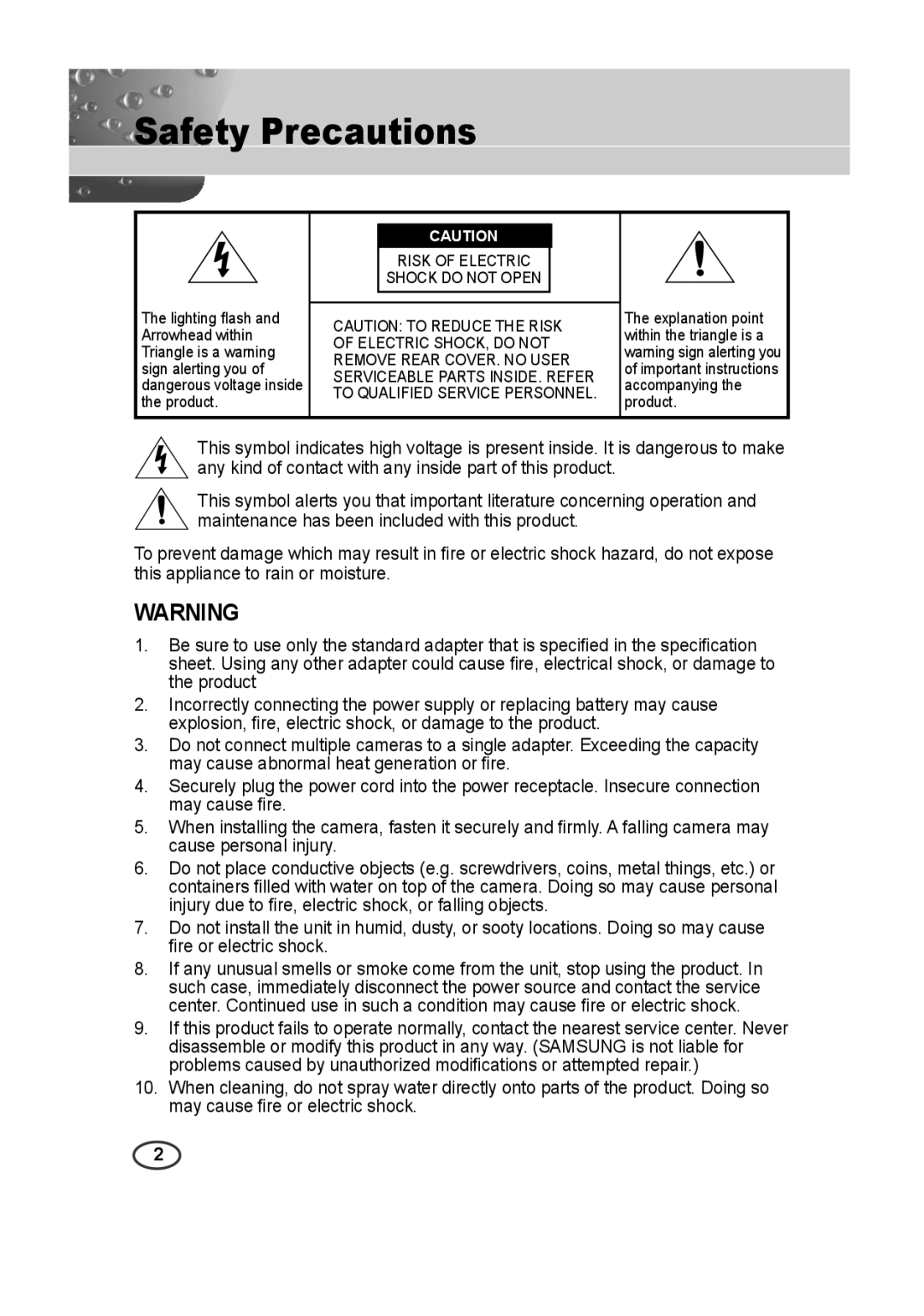 Samsung SCC-B2015P, SCC-B2315P manual Safety Precautions, Risk of Electric Shock do not Open 