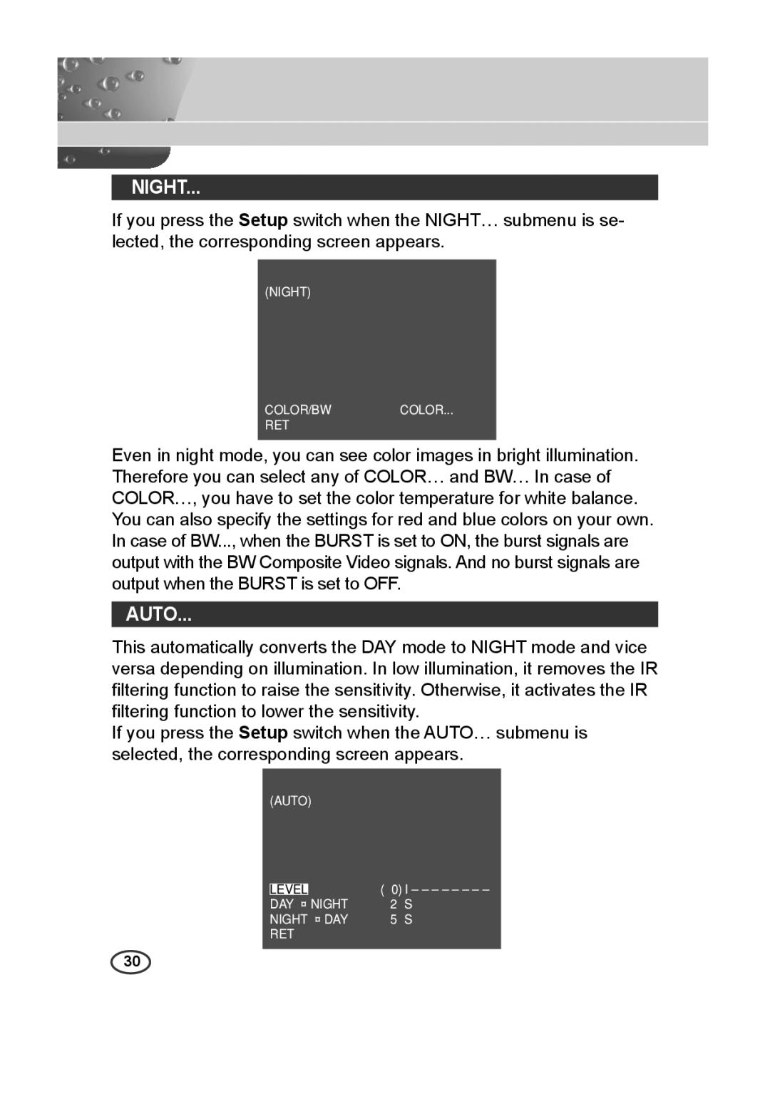 Samsung SCC-B2015P, SCC-B2315P manual Night, Auto 