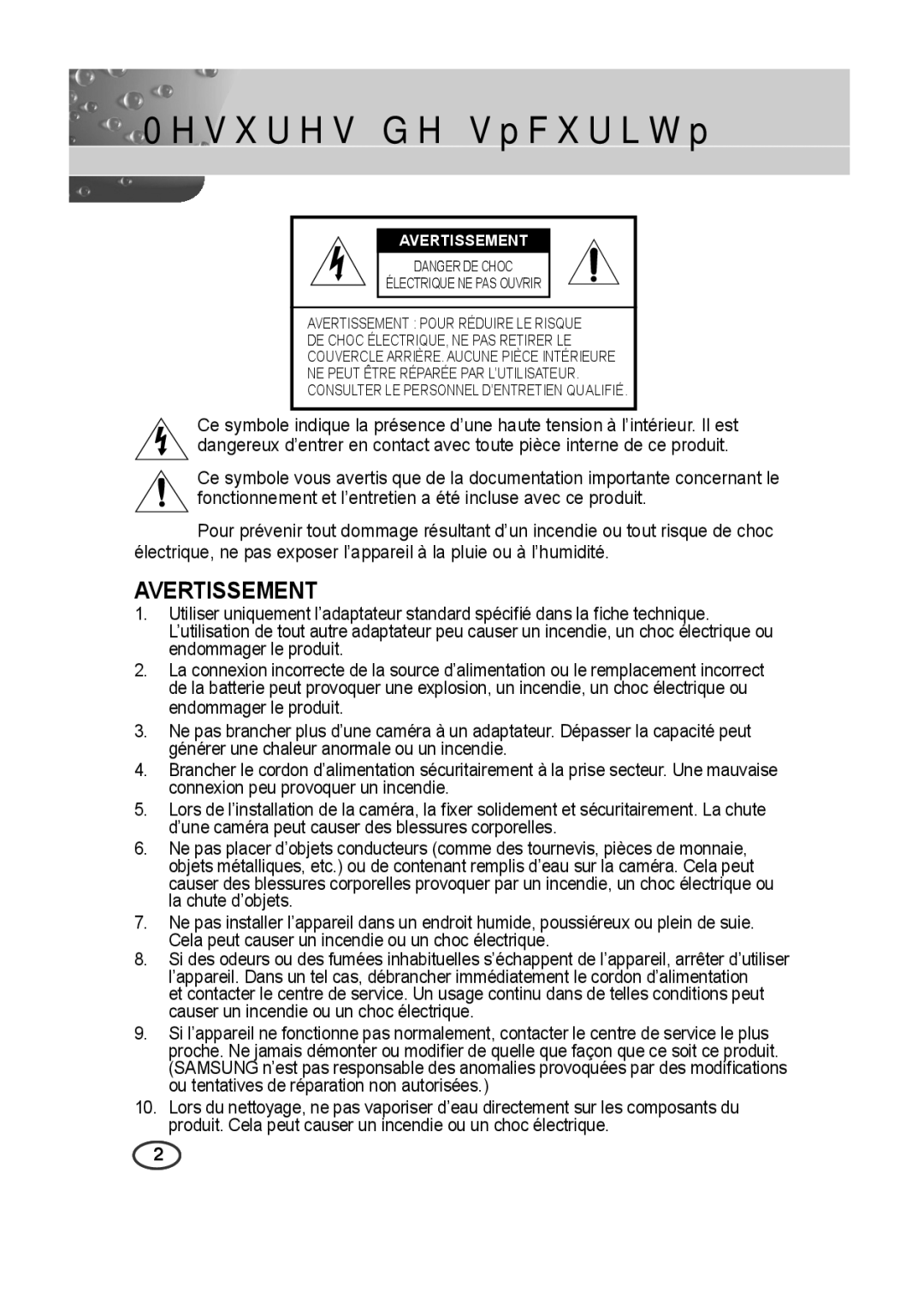 Samsung SCC-B2015P, SCC-B2315P manual Mesures de sécurité, Avertissement 