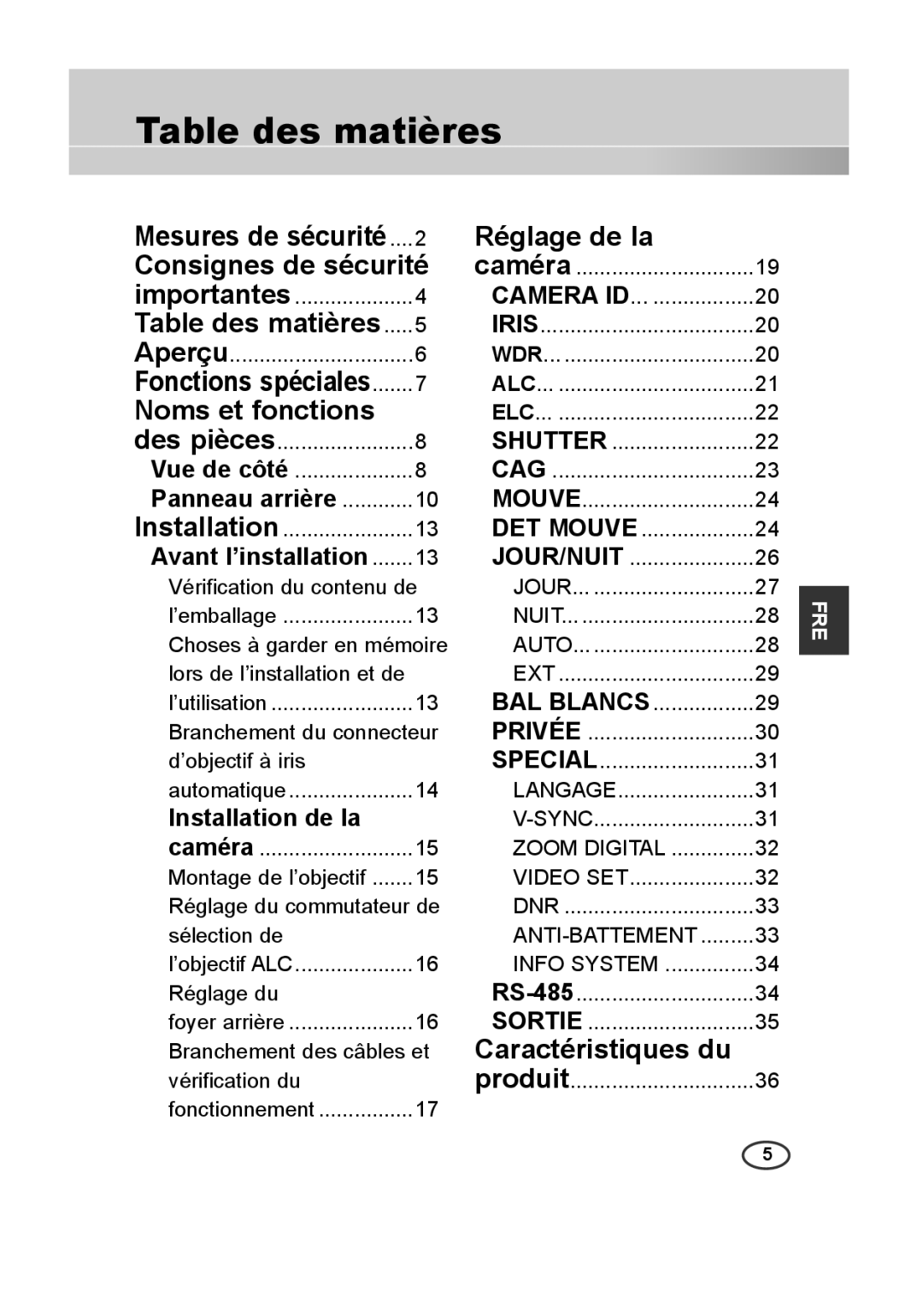 Samsung SCC-B2315P manual Table des matières, Consignes de sécurité, Noms et fonctions, Réglage de la, Caractéristiques du 