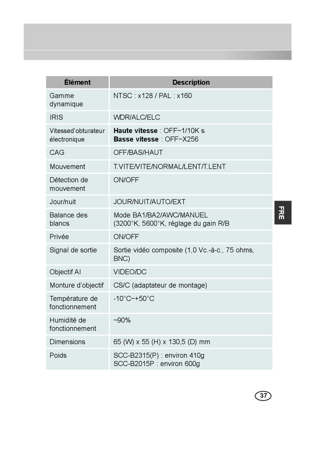 Samsung SCC-B2315P, SCC-B2015P manual Haute vitesse OFF~1/10K s, Basse vitesse OFF~X256 