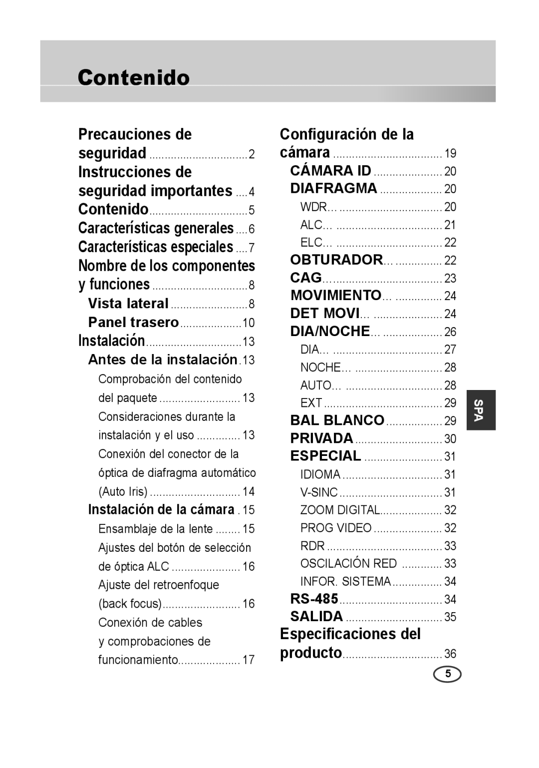 Samsung SCC-B2315P, SCC-B2015P Contenido, Precauciones de, Instrucciones de, Configuración de la, Especificaciones del 