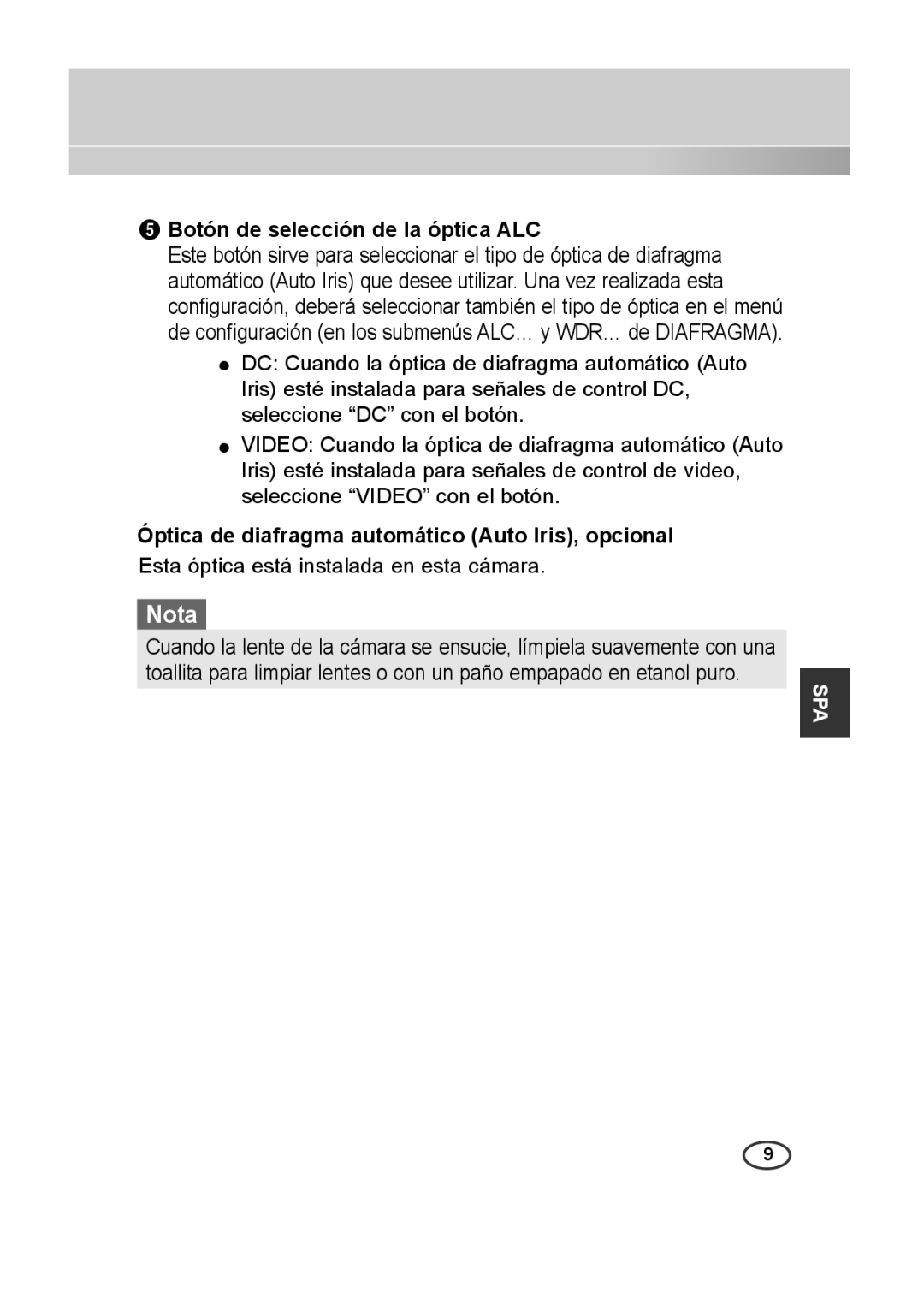 Samsung SCC-B2315P, SCC-B2015P Botón de selección de la óptica ALC, Óptica de diafragma automático Auto Iris, opcional 