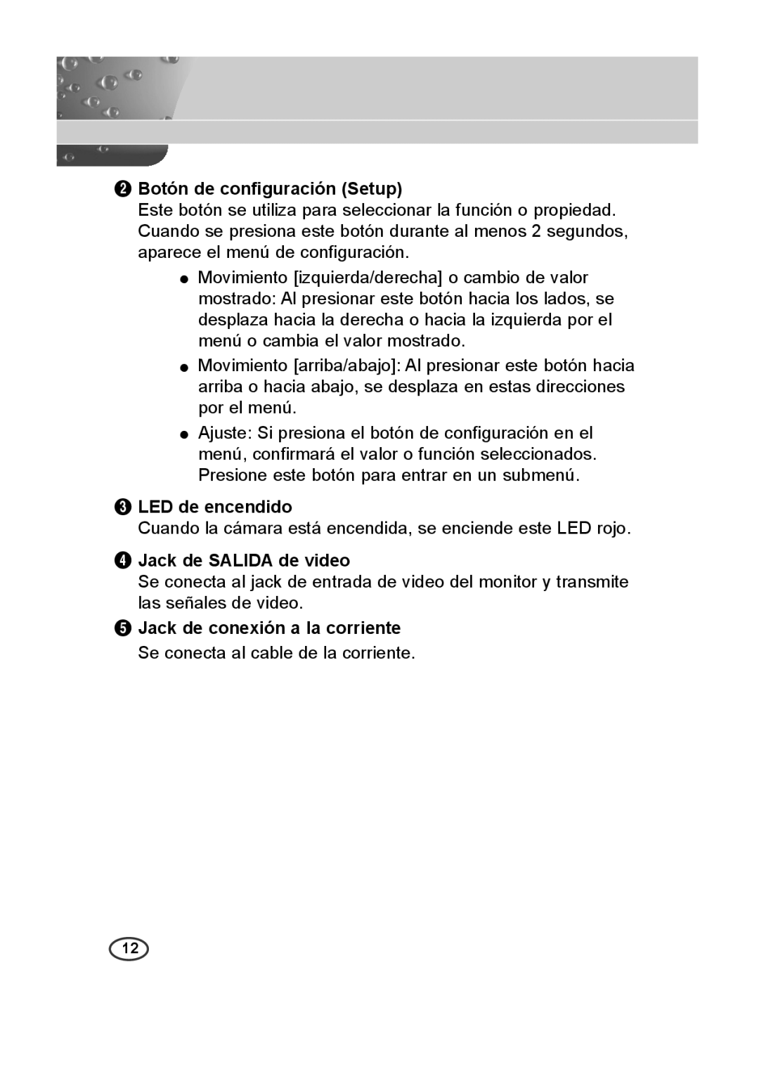 Samsung SCC-B2015P, SCC-B2315P manual Botón de configuración Setup, LED de encendido, Jack de Salida de video 