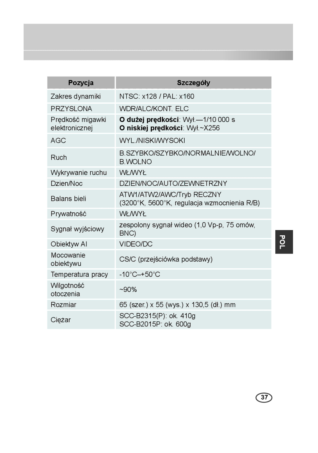 Samsung SCC-B2315P, SCC-B2015P manual Dużej prędkości Wył.-1/10 000 s, Niskiej prędkości Wył.~X256 