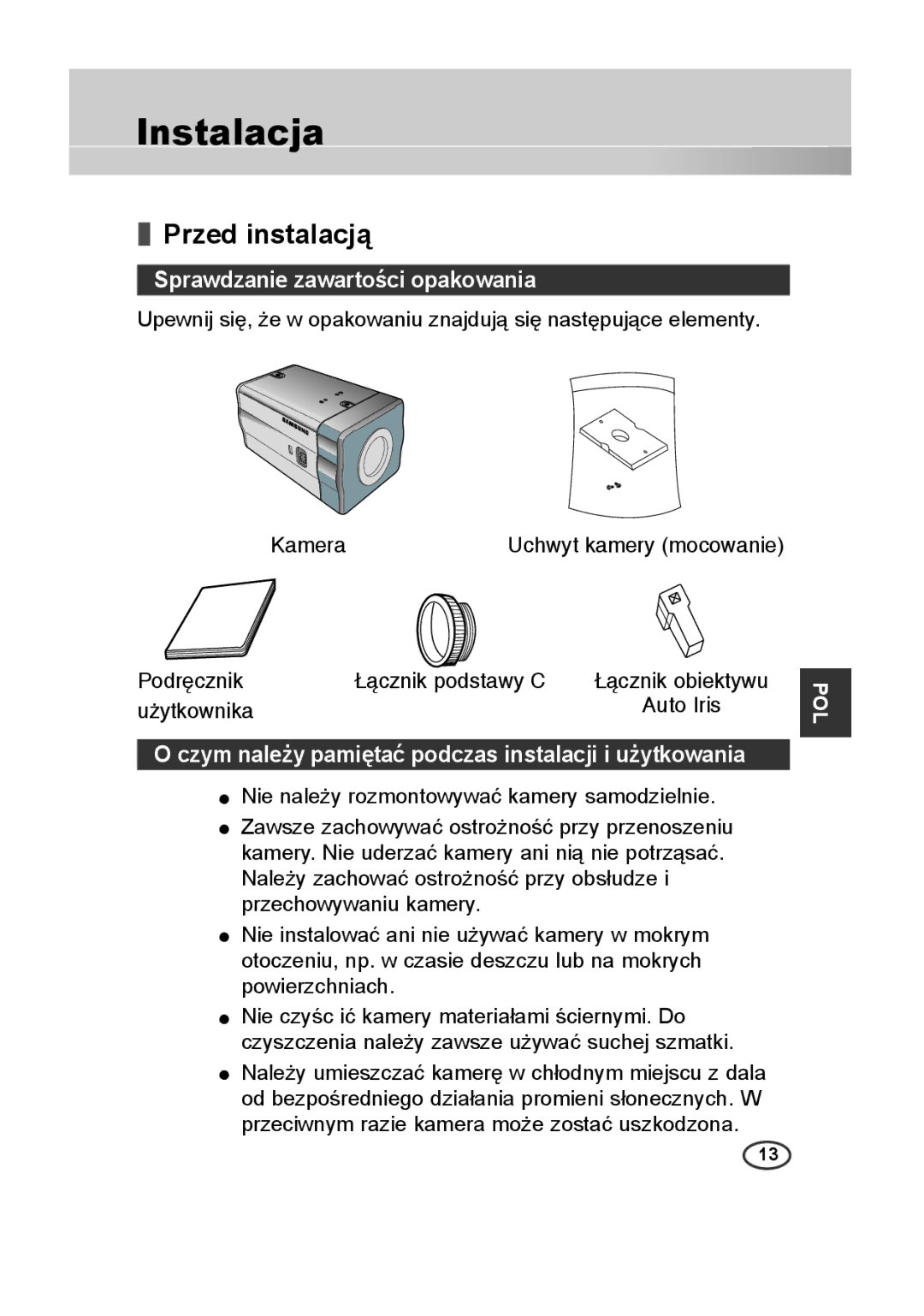 Samsung SCC-B2315P, SCC-B2015P manual Instalacja, Przed instalacją, Sprawdzanie zawartości opakowania 