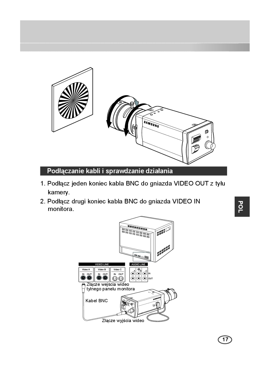 Samsung SCC-B2315P, SCC-B2015P manual Podłączanie kabli i sprawdzanie działania 