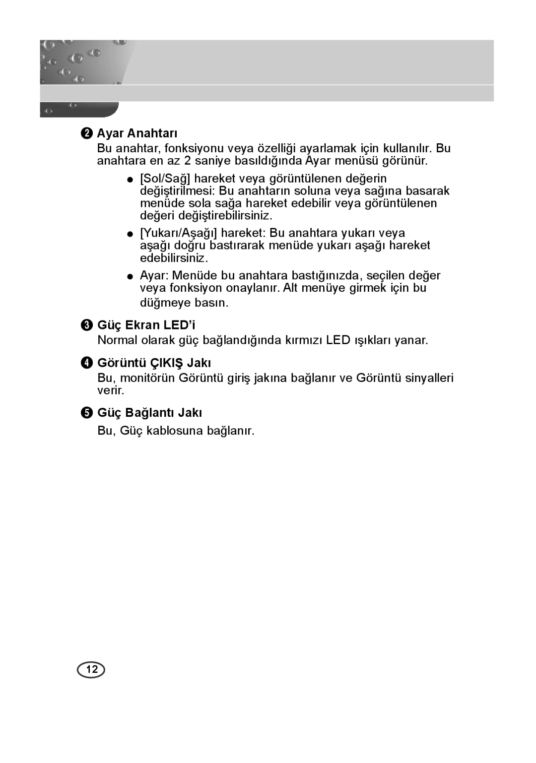 Samsung SCC-B2015P, SCC-B2315P manual Ayar Anahtarı, Güç Ekran LED’i, Görüntü Çikiş Jakı, Güç Bağlantı Jakı 