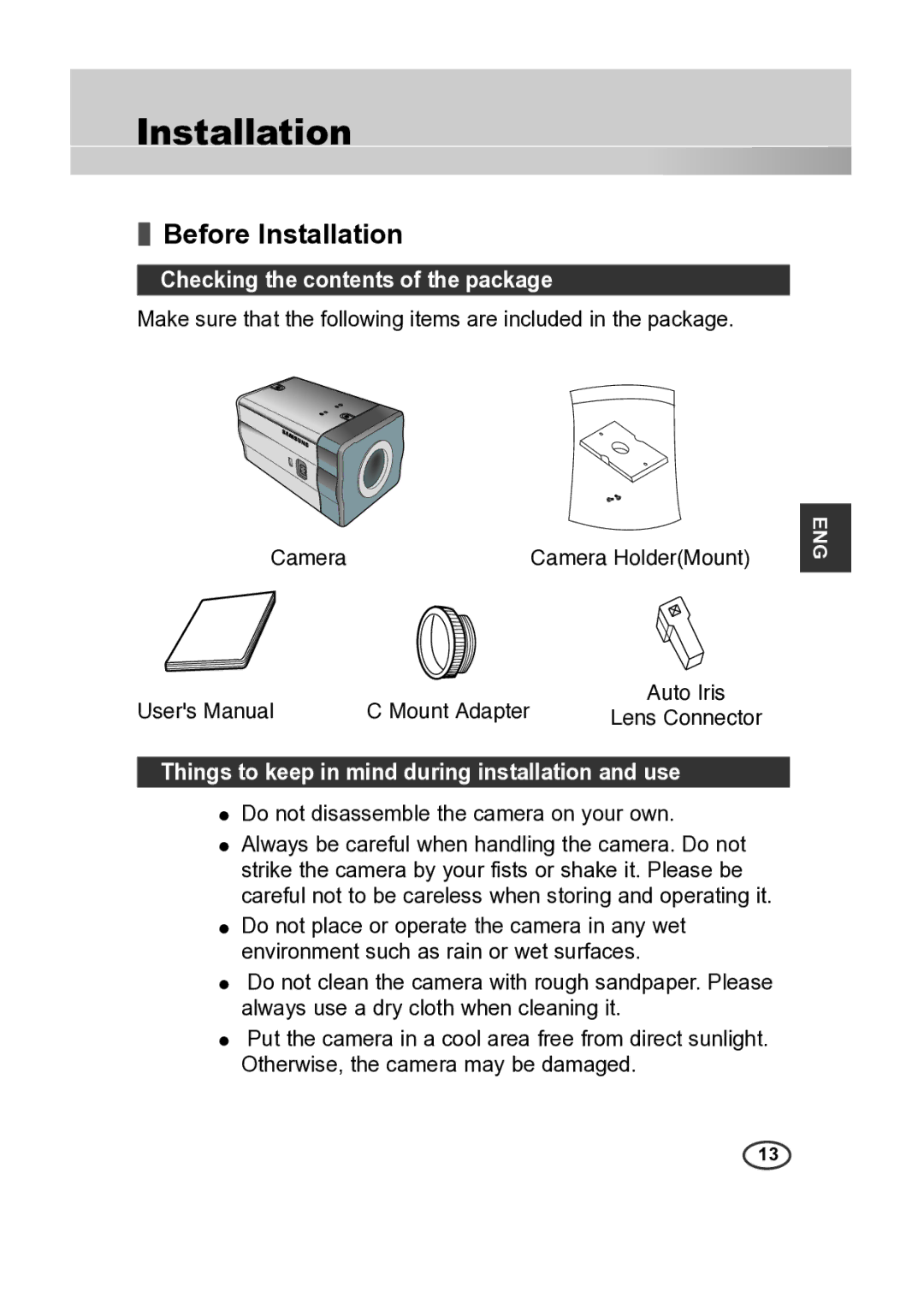 Samsung SCC-B2315P, SCC-B2015P manual Before Installation, Checking the contents of the package 