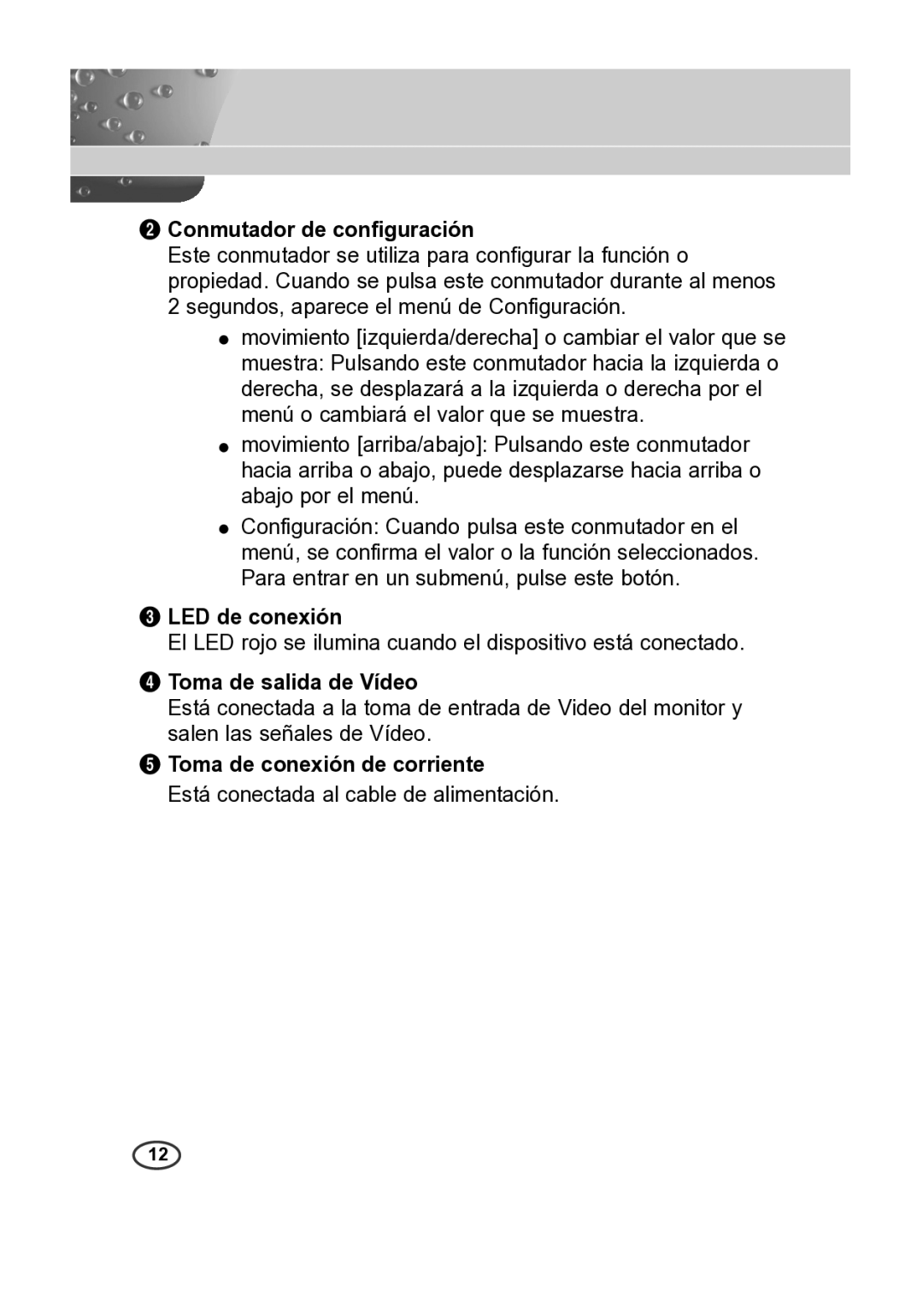 Samsung SCC-B2015P Conmutador de configuración, LED de conexión, Toma de salida de Vídeo, Toma de conexión de corriente 