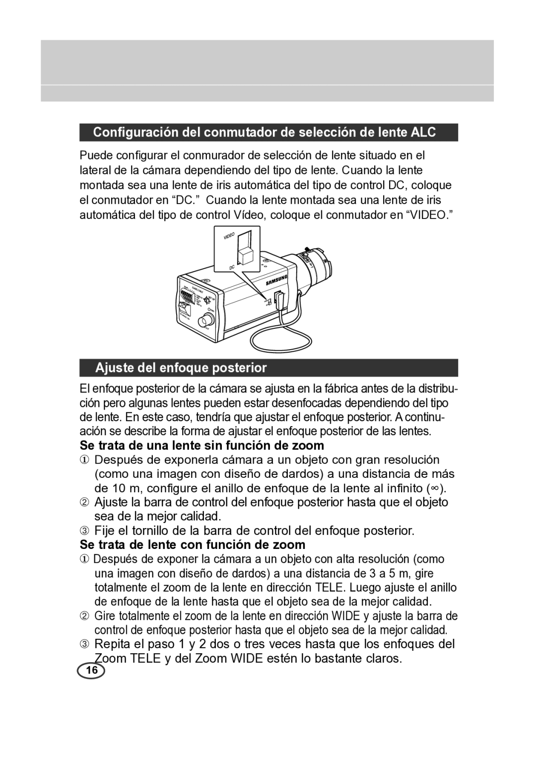 Samsung SCC-B2015P, SCC-B2315P manual Conﬁguración del conmutador de selección de lente ALC, Ajuste del enfoque posterior 