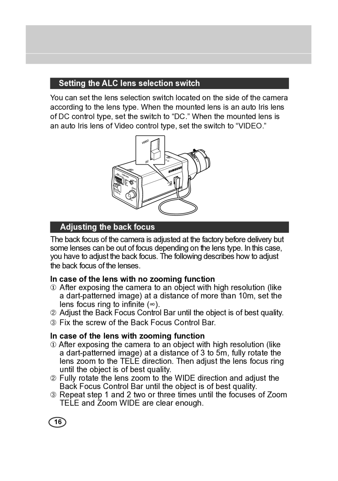 Samsung SCC-B2015P Setting the ALC lens selection switch, Adjusting the back focus, Case of the lens with zooming function 