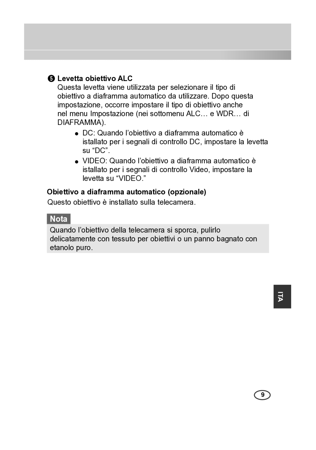 Samsung SCC-B2315P, SCC-B2015P manual Levetta obiettivo ALC, Obiettivo a diaframma automatico opzionale 