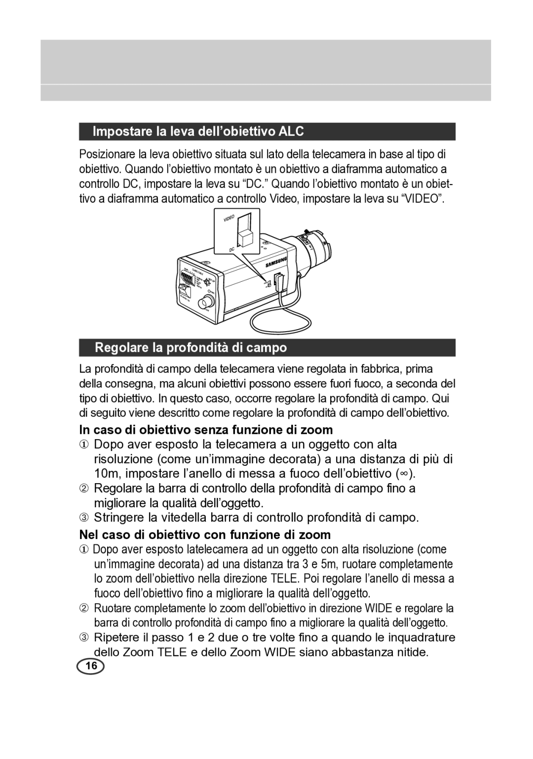 Samsung SCC-B2015P, SCC-B2315P manual Impostare la leva dell’obiettivo ALC, Regolare la profondità di campo 